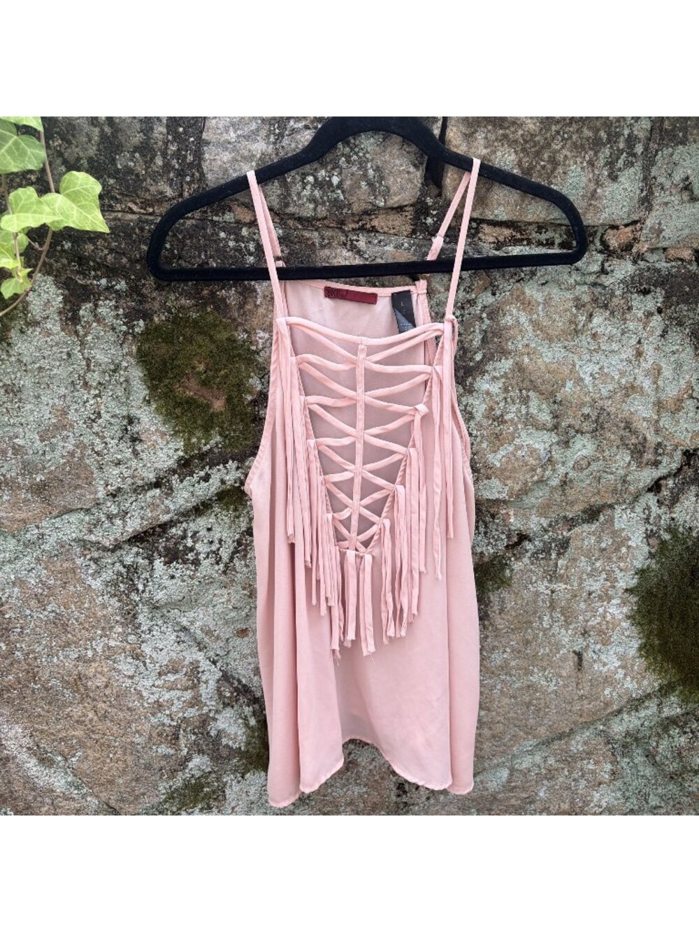 BKE Red Fringe Tank Top Large Blush Pink Crisscross Strappy Festival Y2K 00s - Picture 3 of 16